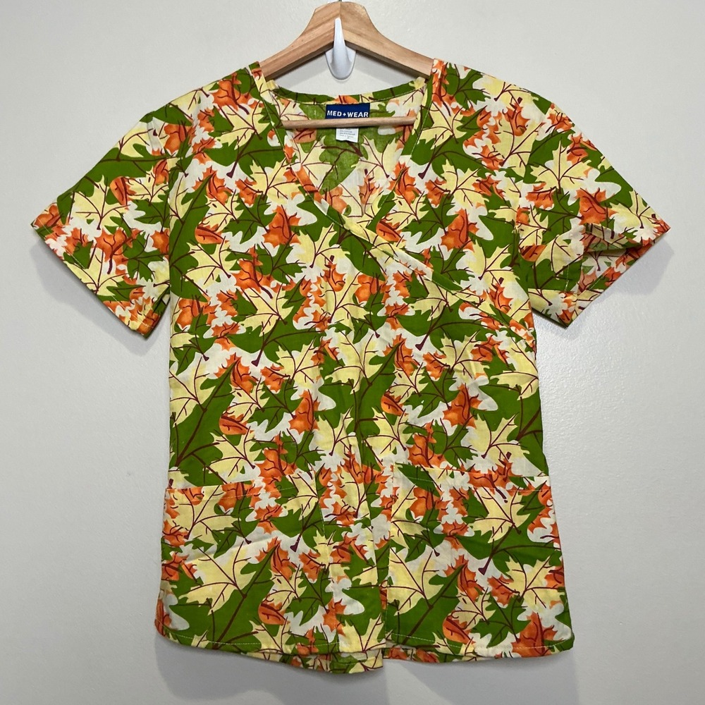 Med+Wear Scrub Top Women's SMALL Mock Wrap Green Orange Autumn Leaf Print